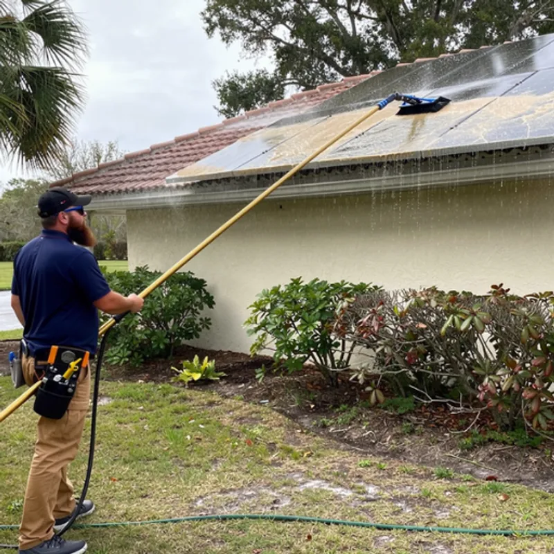 Solar panel cleaning with a soft brush on a water-fed pole and deionized water